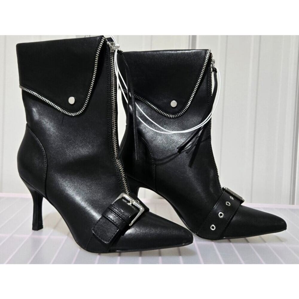 Mickey Point Toe Fold-Over Moto Ankle Boot Black Silver Stiletto Sz 7, 7.5, 8‎ - Picture 4 of 7